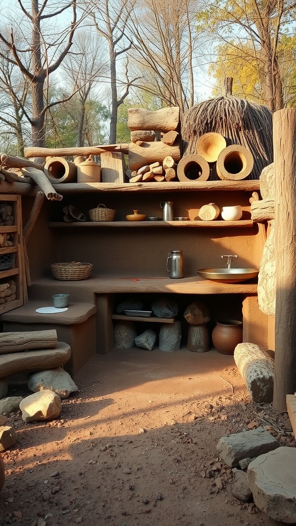 A natural mud kitchen made from wooden logs, stones, and clay pots, set in an outdoor environment.