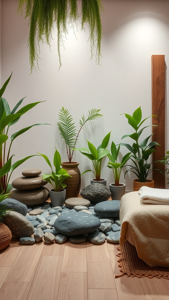 A massage room with natural elements including plants, stones, and wooden accents.