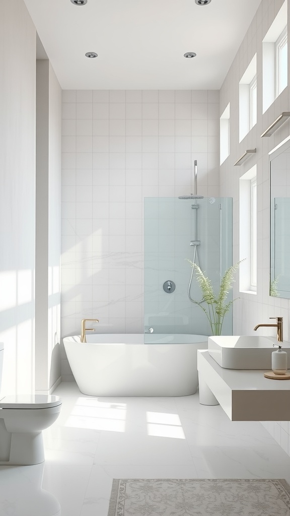 Bright bathroom with large windows, a soaking tub, and a modern shower, featuring natural light and plants.
