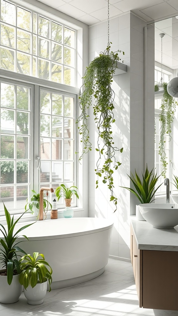 Bright bathroom with large windows, plants, and natural light.