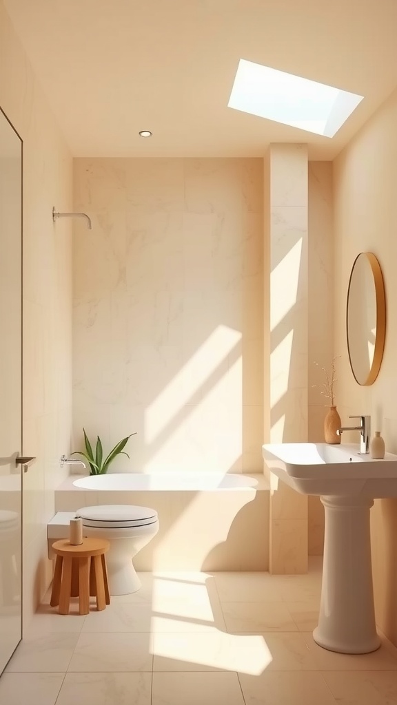 A bright and airy beige bathroom with natural light, featuring a bathtub, sink, and a potted plant.