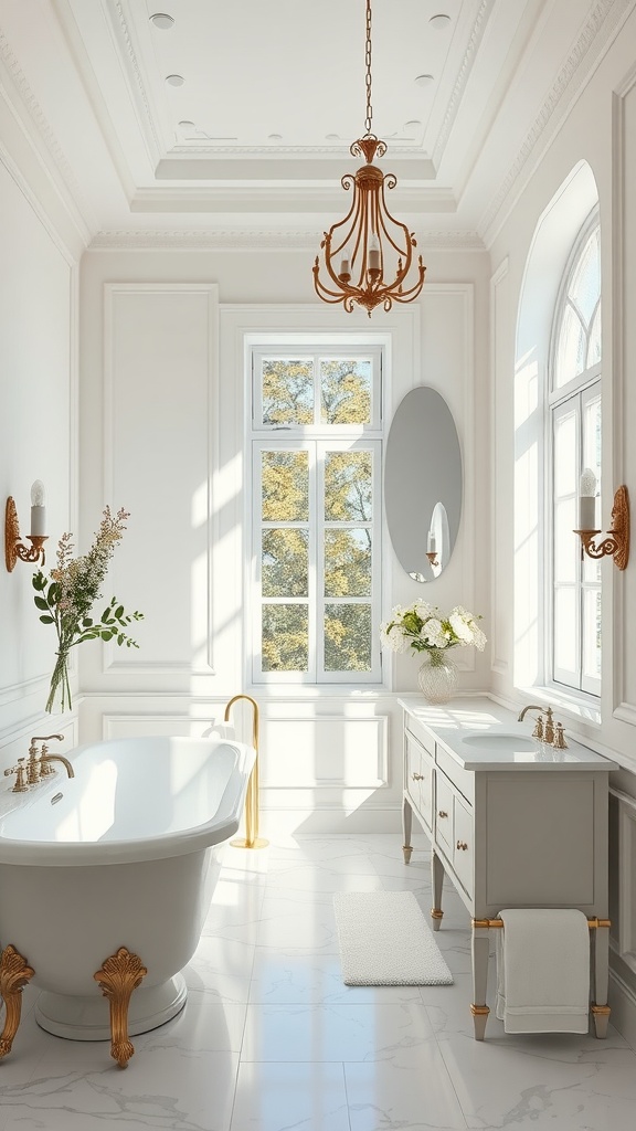 An elegant bathroom featuring large windows that allow natural light, a freestanding bathtub, and stylish decor.