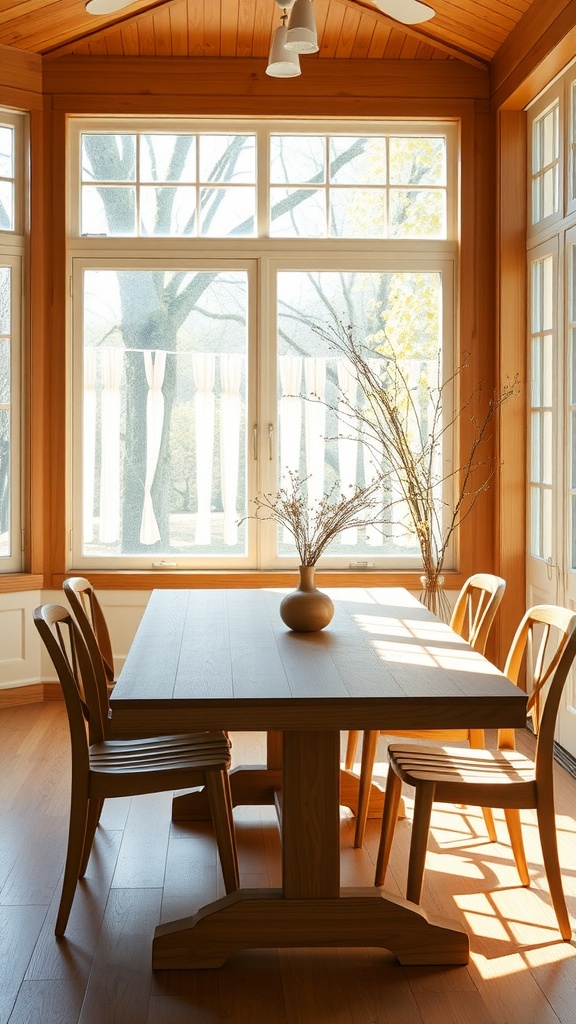 A natural wood dining set in a sunroom, featuring a wooden table and chairs with large windows letting in sunlight.