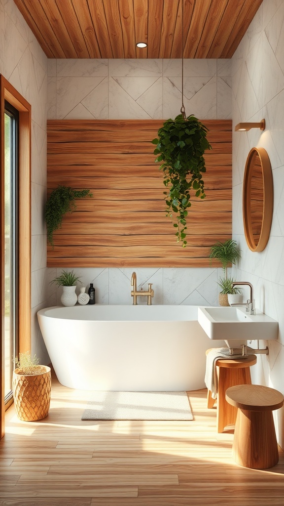 A serene bathroom featuring wooden elements, plants, and a large white bathtub.