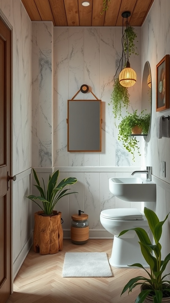 A nature-inspired bathroom featuring plants, wooden ceiling, and marble walls.