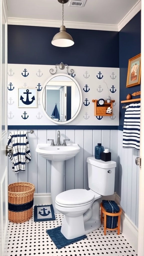 Nautical-themed boys bathroom with anchor patterns, navy colors, and playful decor