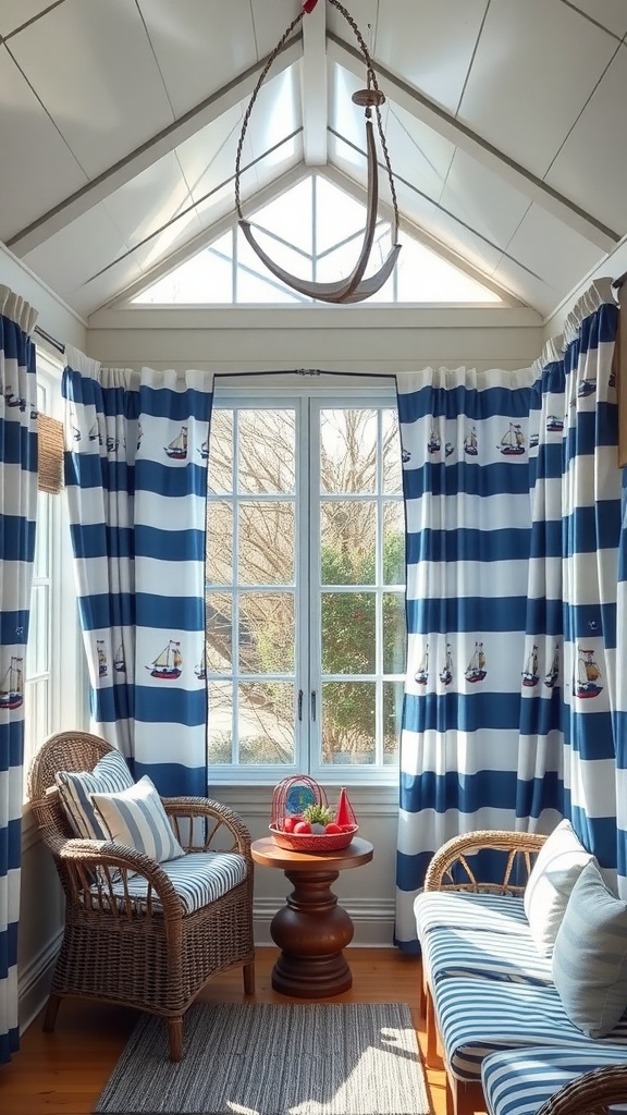A sunroom featuring nautical-themed curtains with sailboat designs, wicker furniture, and a cozy setup.
