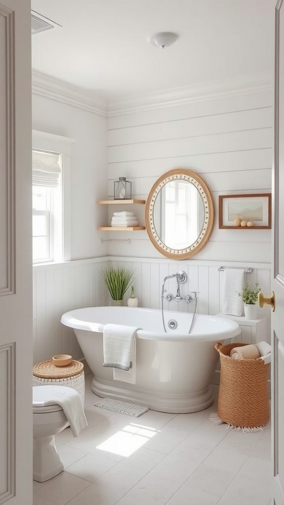 A tranquil coastal bathroom featuring a white tub, light wood shelving, and greenery.