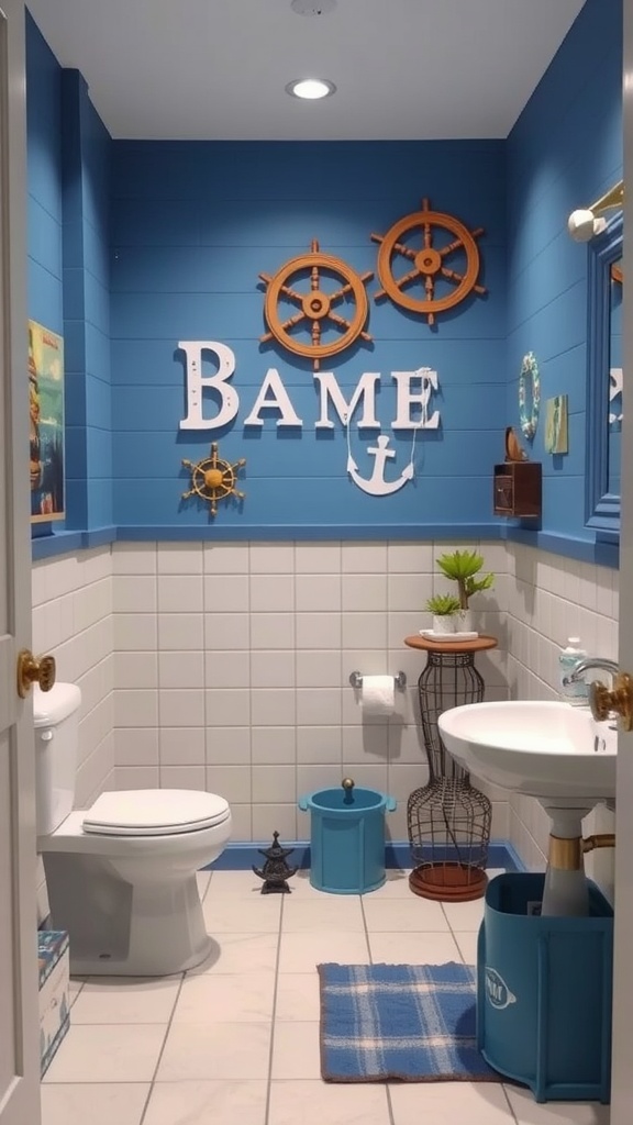 Nautical themed bathroom featuring blue walls, ship wheels, and playful decor.