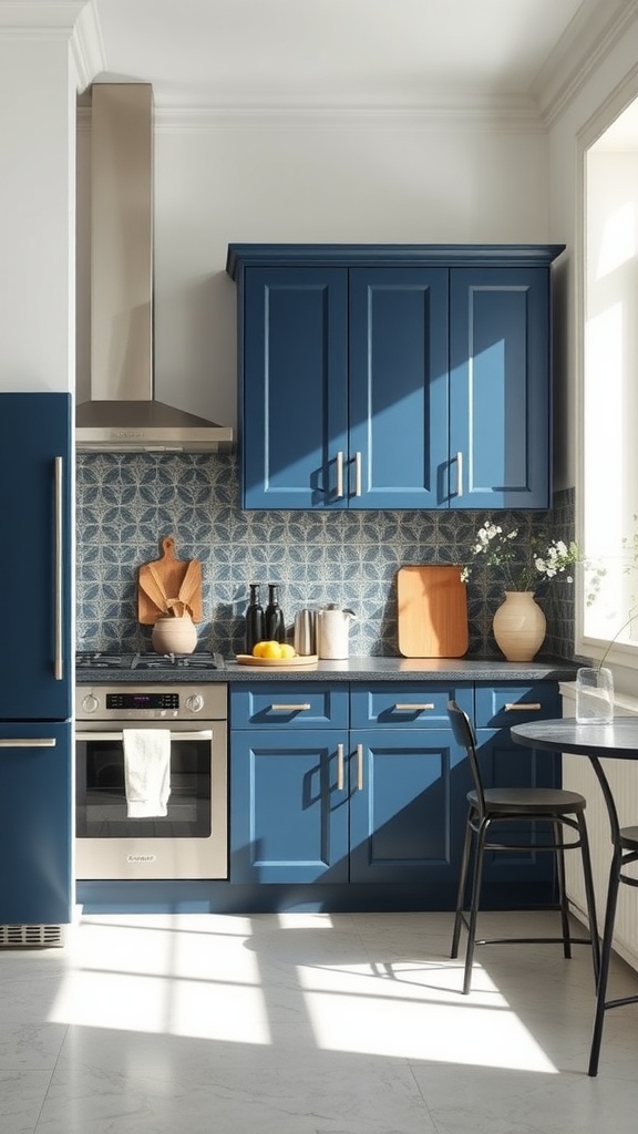A bright kitchen featuring navy blue cabinets illuminated by natural light, with a modern design.