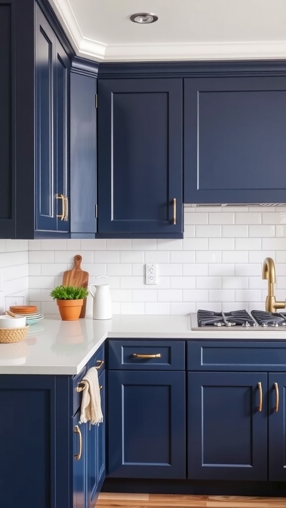 A navy blue kitchen featuring cabinets, a white subway tile backsplash, and modern hardware.