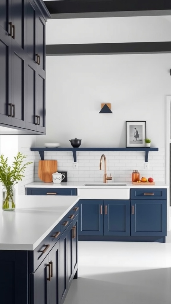A minimalist kitchen featuring navy blue cabinets, white countertops, and natural light.