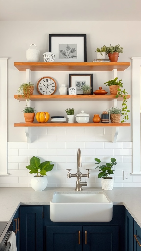 Image showcasing open shelving above navy blue kitchen cabinets, decorated with plants and other items.