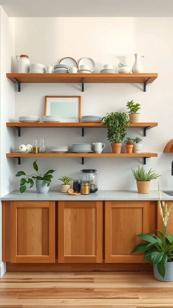 A kitchen featuring oak cabinetry with open shelving displaying dishware and plants.
