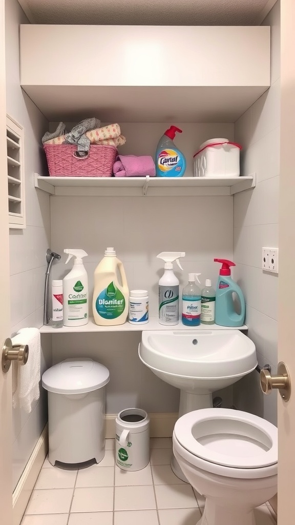 Organized bathroom cleaning supplies on shelves, with a pink basket and cleaning products neatly arranged.