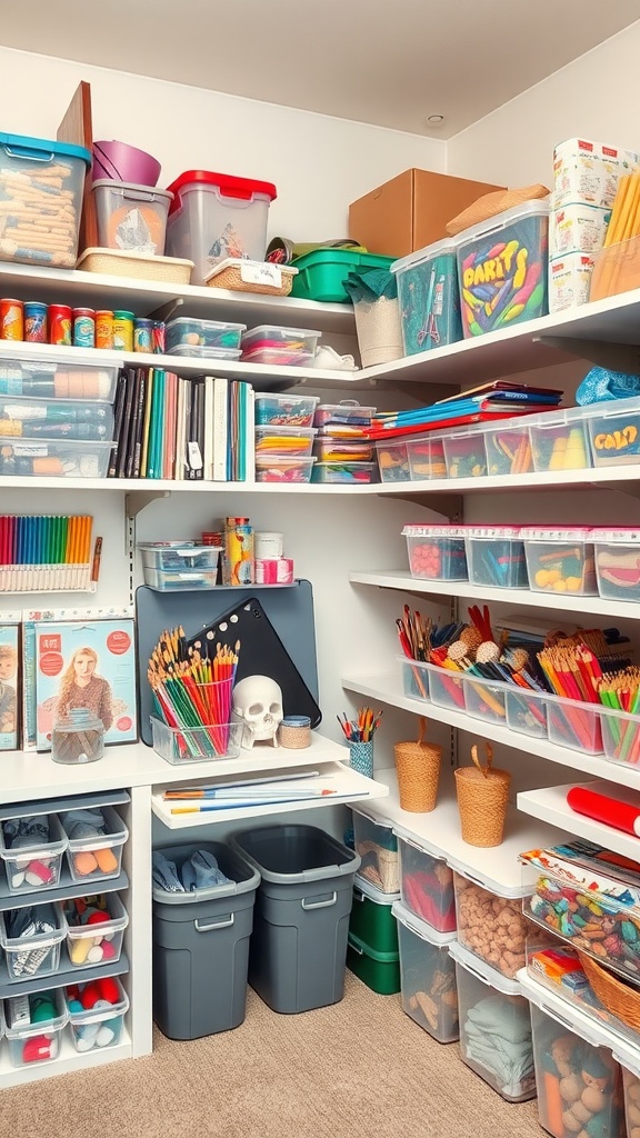 A well-organized hobby room with clear storage bins on shelves, displaying various craft supplies.