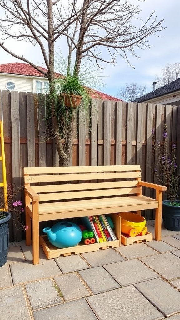 A wooden bench with storage space underneath, holding colorful outdoor toys.