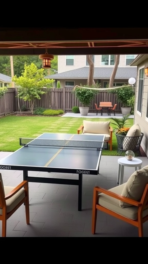 A backyard with a ping pong table and comfortable seating area surrounded by greenery.