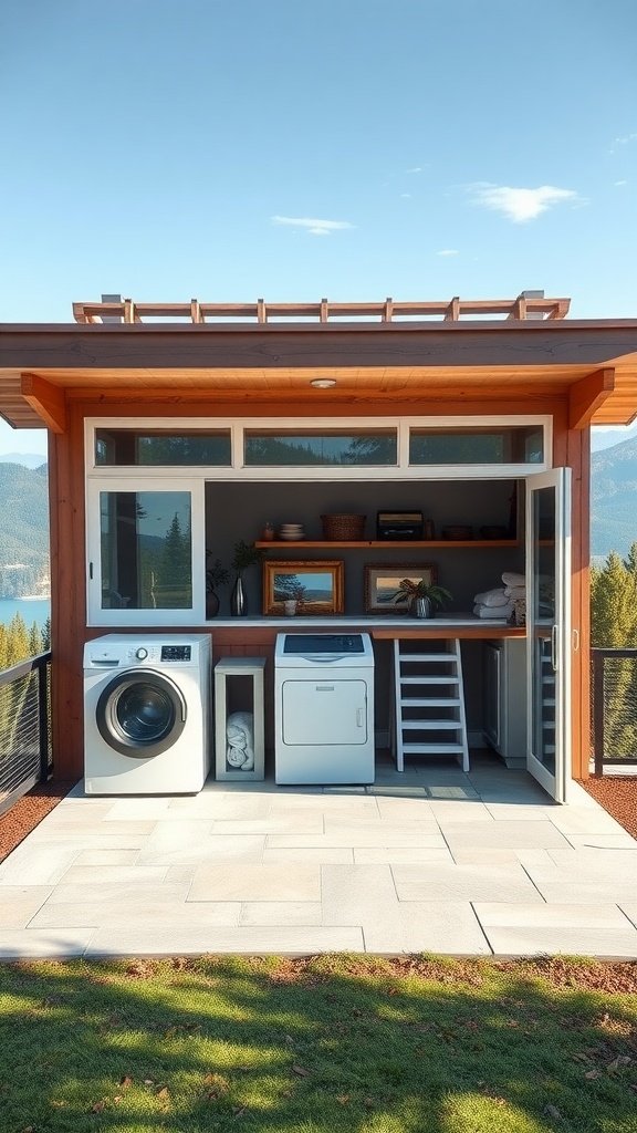Outdoor laundry room with washer, dryer, and scenic view