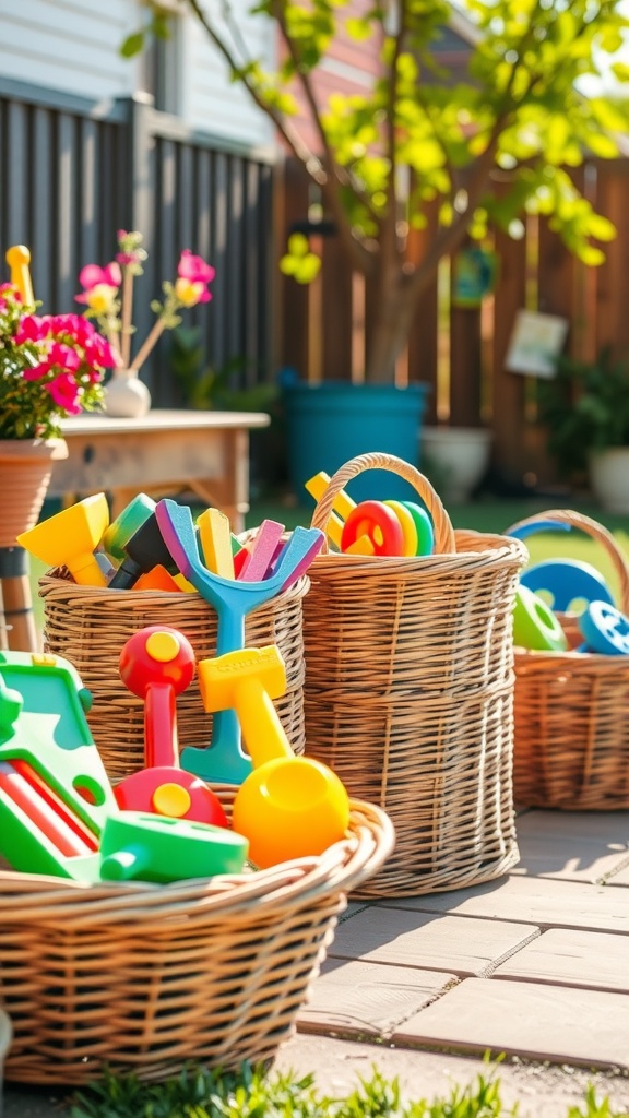 Colorful plastic toys in wicker baskets outdoors, symbolizing organized outdoor play.