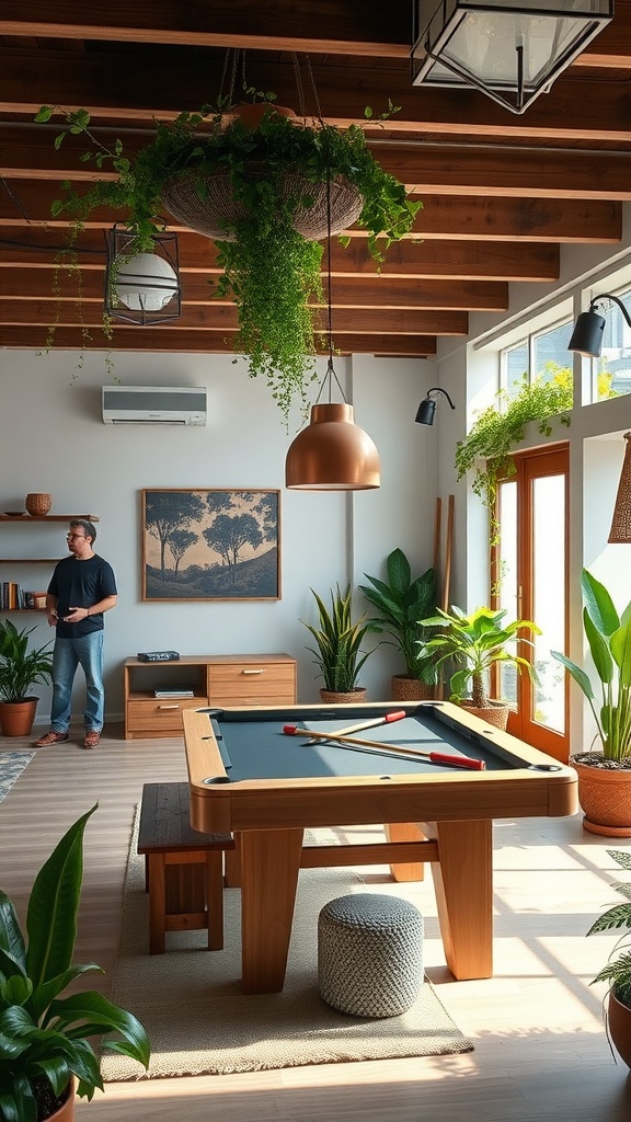 A basement game room with a pool table surrounded by indoor plants, featuring wooden beams and natural light.