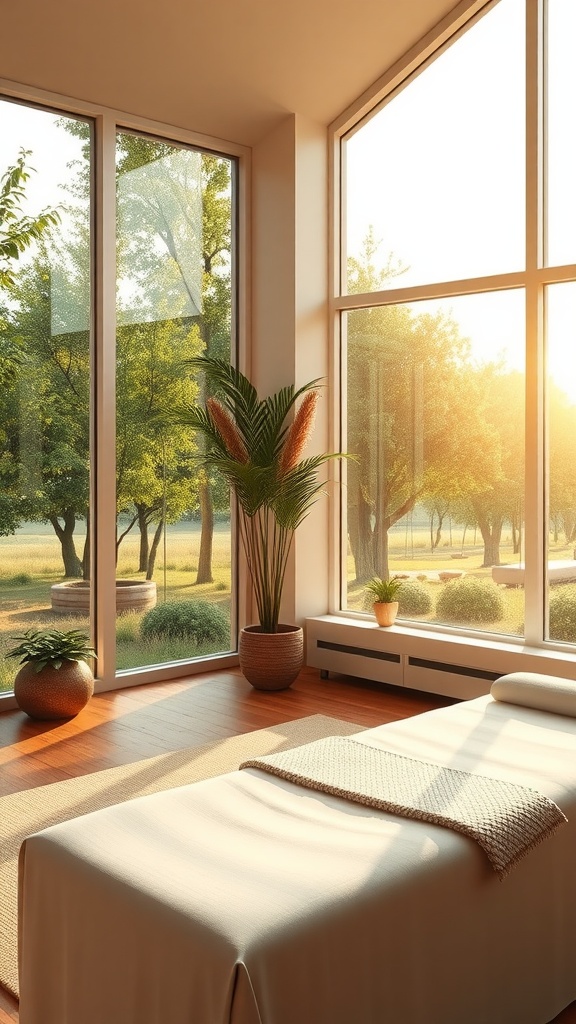 A tranquil massage room with large windows showcasing beautiful outdoor views and soft natural light.