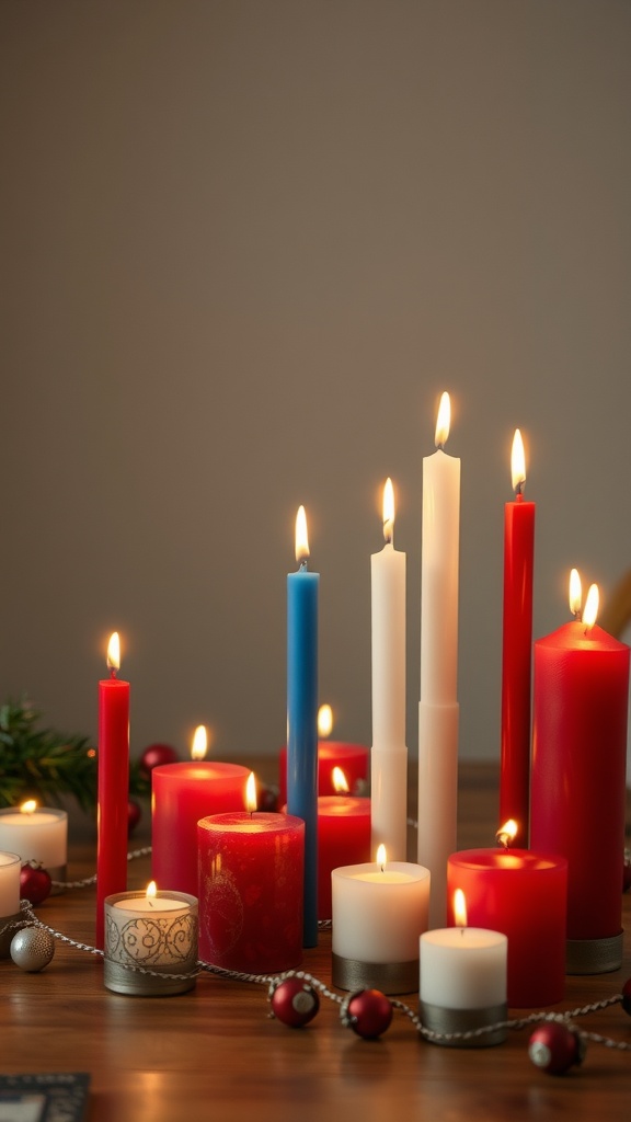 A vibrant arrangement of red, white, and blue candles on a table, surrounded by ornaments and greenery, creating a festive atmosphere.