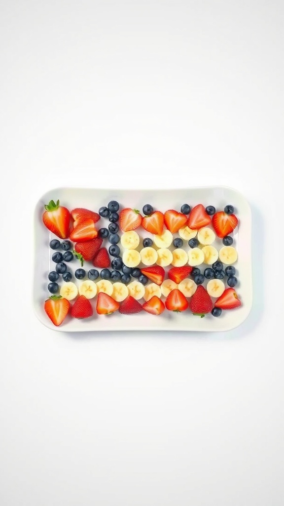 A patriotic fruit platter arranged like the American flag, with strawberries, bananas, and blueberries.