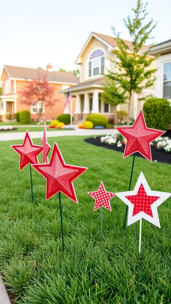 Colorful patriotic lawn ornaments in the shape of stars, set against a manicured lawn and home.