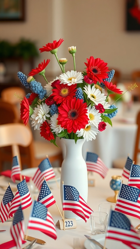 A festive table centerpiece featuring red, white, and blue flowers in a white vase surrounded by small American flags