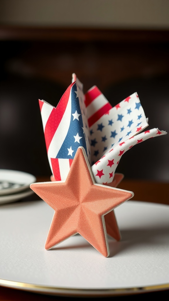 A star-shaped napkin holder featuring red, white, and blue fabric napkins with stars and stripes.