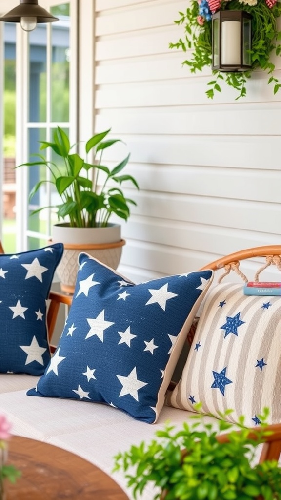 Patriotic themed throw pillows with stars in a cozy seating area