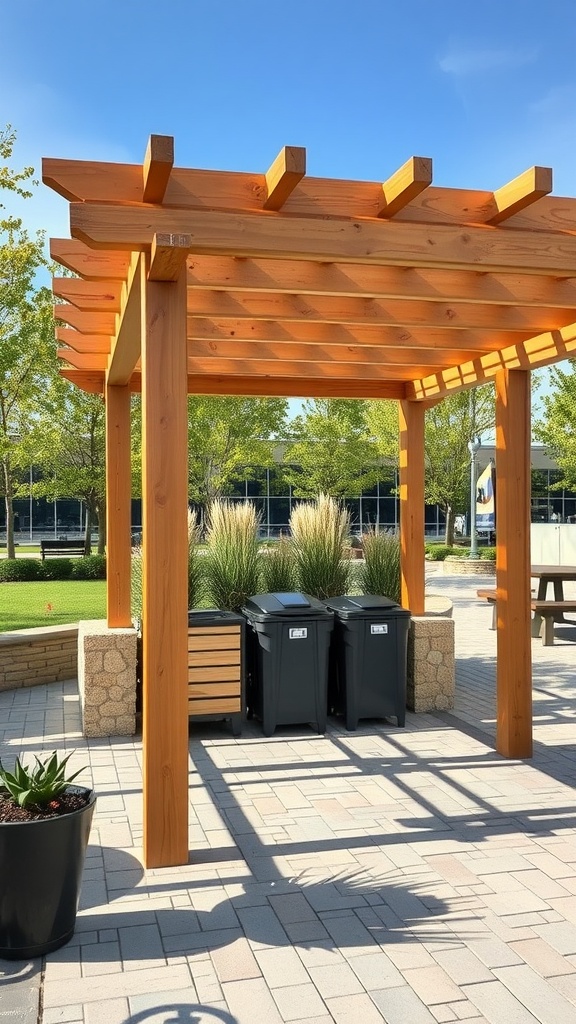 Outdoor pergola with hidden trash storage and greenery