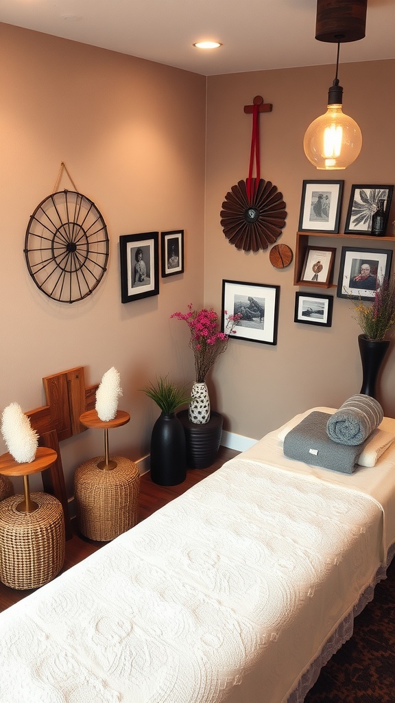A cozy and personalized massage room featuring a massage table, decorative wall art, plants, and warm lighting.
