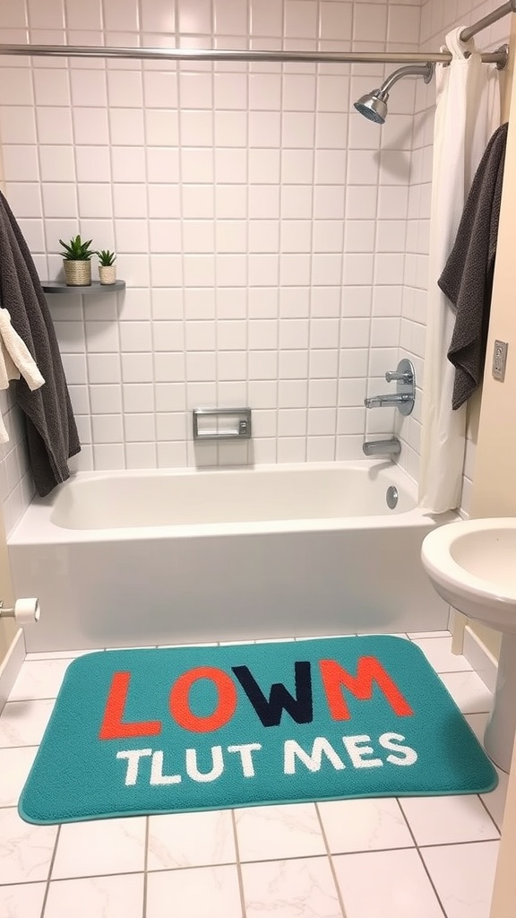 A colorful bath mat with playful text in a simple dorm bathroom setting