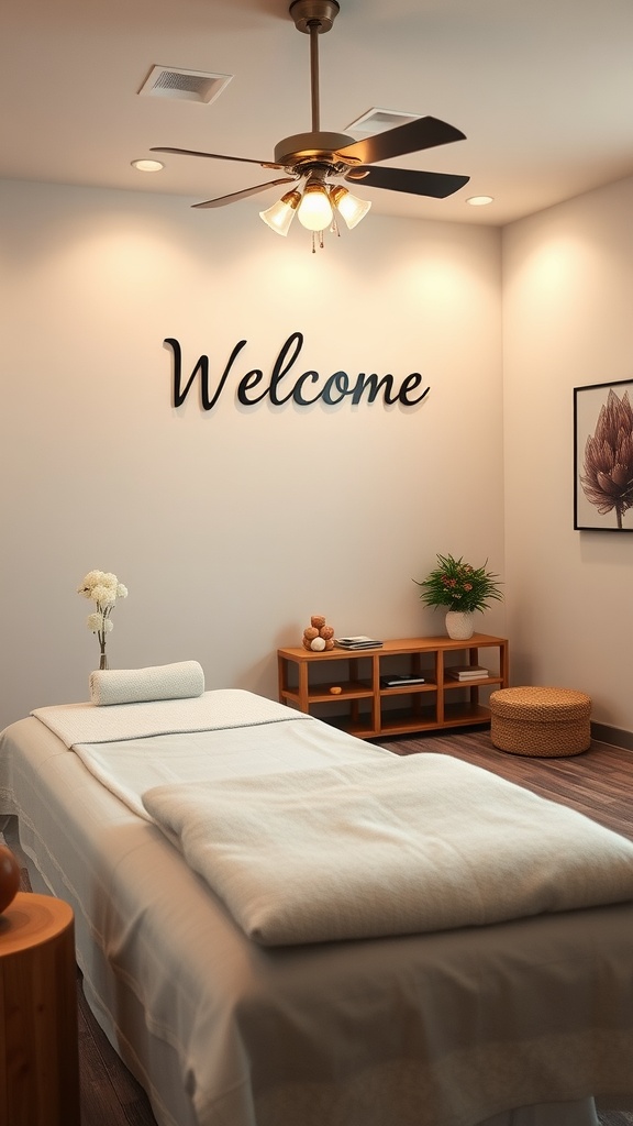 A cozy massage room with a welcoming atmosphere, featuring a massage table, soft lighting, and decorative elements.