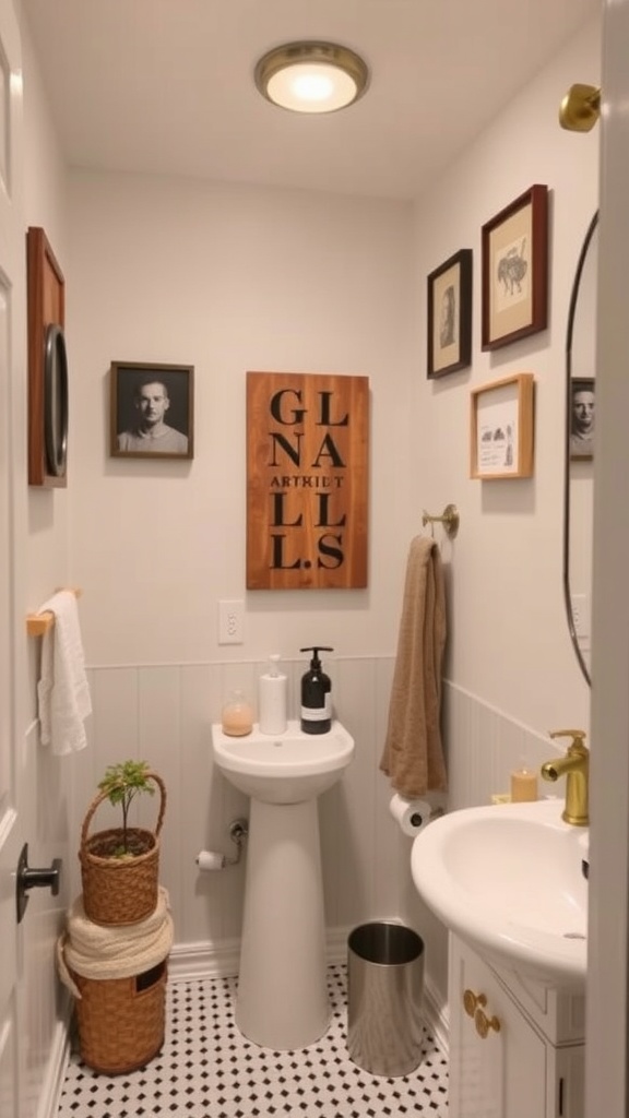 A cozy hall bathroom featuring personalized decor with framed artwork, a wooden sign, and stylish storage options.