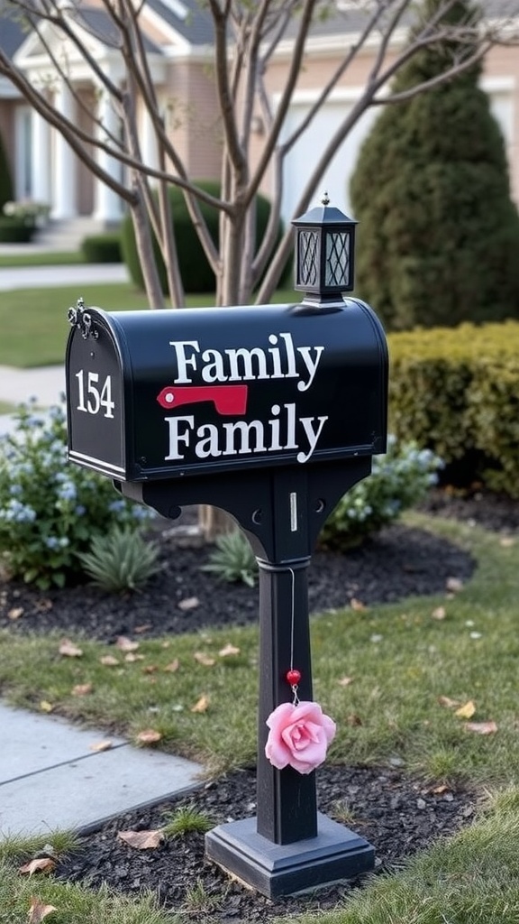Personalized black mailbox with the word Family in white and a decorative lantern on top.
