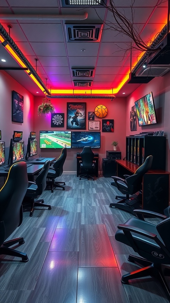 A modern gaming room with multiple gaming stations, vibrant lighting, and gaming-themed artwork.