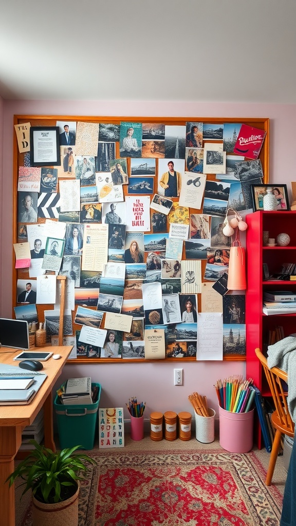 A colorful inspiration board filled with photos, quotes, and notes in a cozy hobby room.