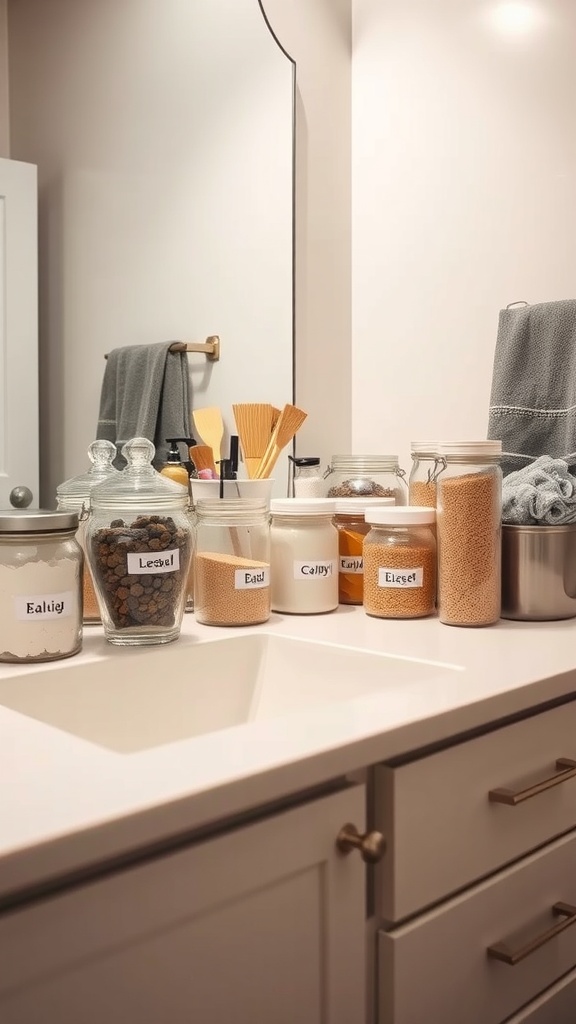 A neatly organized bathroom counter with labeled jars and containers