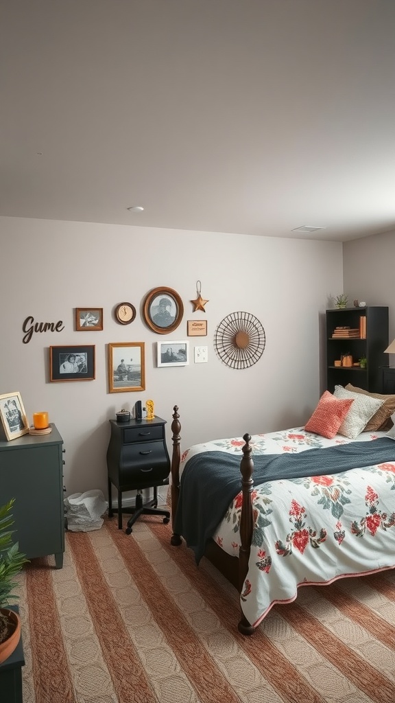Cozy basement bedroom with a floral-patterned blanket, framed photos on the wall, and a small desk.