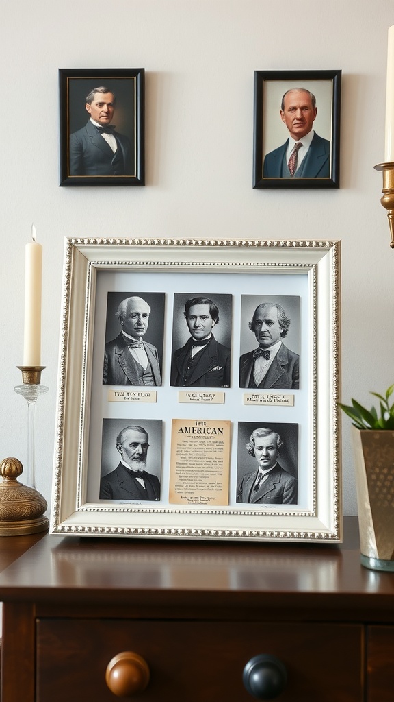 A decorative picture frame displaying historical portraits and an informative plaque about American history.