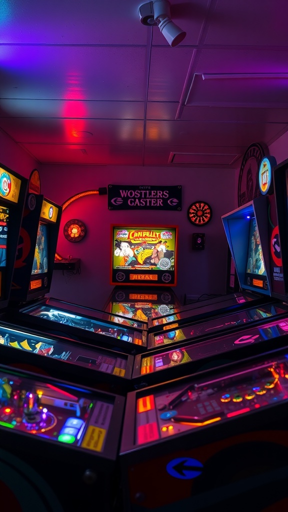 A vibrant pinball game room filled with various machines, featuring colorful lights and a unique sign.