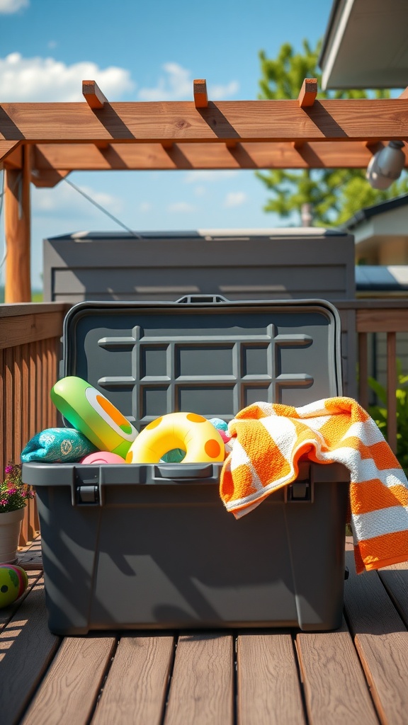 A grey portable outdoor storage box filled with colorful pool floats and a towel, placed on a deck.