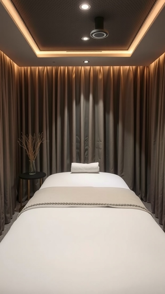 A serene massage room featuring soft lighting, thick curtains, and a neatly arranged massage table.