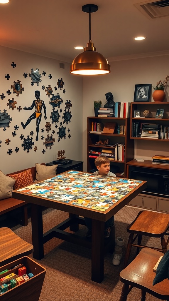 A cozy game room with a child focused on a colorful puzzle on a large table, surrounded by comfortable seating and playful decorations.