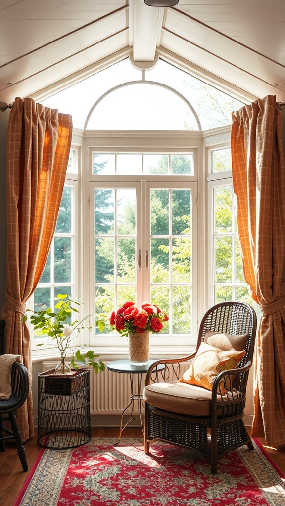 A sunroom with quilted curtains, large windows, a comfortable chair, and flowers on a table.