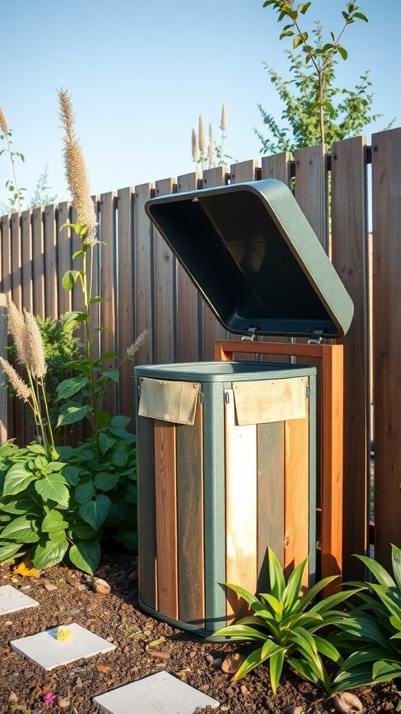 A stylish outdoor trash can made from recycled materials, featuring a combination of wood and metal, surrounded by plants