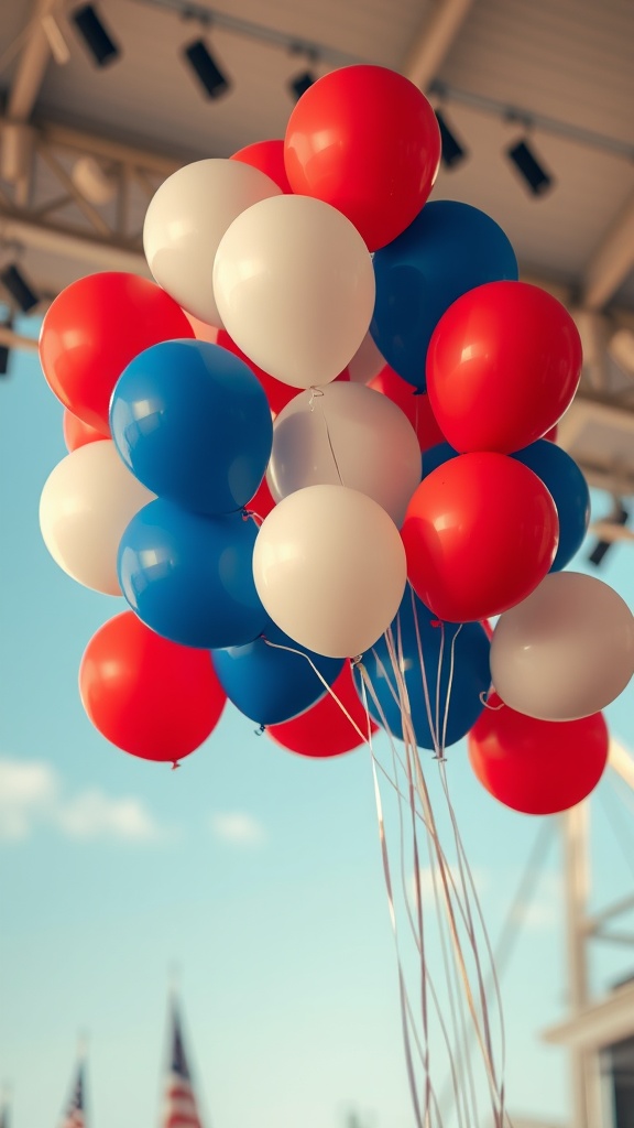 A cluster of red, white, and blue balloons against a clear sky.